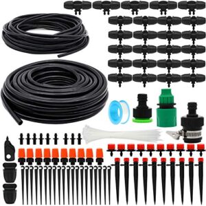 drip irrigation kits, 100ft/30m garden plant watering sprinkler system with distribution tubing hose adjustable nozzles, automatic mist cooling irrigation set for garden lawn, patio