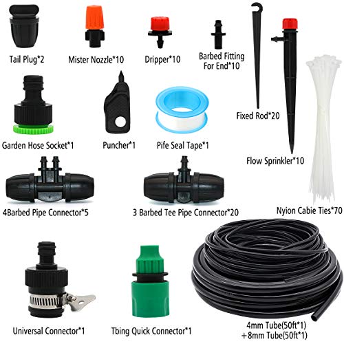 Drip Irrigation Kits, 100ft/30M Garden Plant Watering Sprinkler System with Distribution Tubing Hose Adjustable Nozzles, Automatic Mist Cooling Irrigation Set for Garden Lawn, Patio