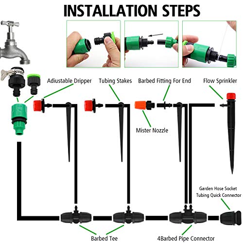 Drip Irrigation Kits, 100ft/30M Garden Plant Watering Sprinkler System with Distribution Tubing Hose Adjustable Nozzles, Automatic Mist Cooling Irrigation Set for Garden Lawn, Patio