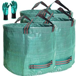 Professional 3-Pack 137 Gallon Lawn Garden Bags (D34, H34 inches) Big Yard Waste Bags with Garden Gloves, Extra Large Reusable Leaf Bags,Garden Clippings Bags,Leaf Containers,Yard Trash Bags 4 Handles