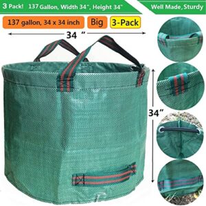 Professional 3-Pack 137 Gallon Lawn Garden Bags (D34, H34 inches) Big Yard Waste Bags with Garden Gloves, Extra Large Reusable Leaf Bags,Garden Clippings Bags,Leaf Containers,Yard Trash Bags 4 Handles