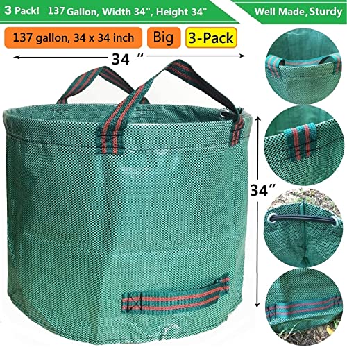 Professional 3-Pack 137 Gallon Lawn Garden Bags (D34, H34 inches) Big Yard Waste Bags with Garden Gloves, Extra Large Reusable Leaf Bags,Garden Clippings Bags,Leaf Containers,Yard Trash Bags 4 Handles