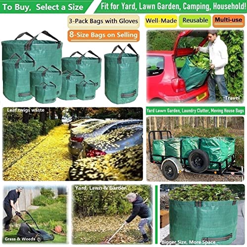 Professional 3-Pack 137 Gallon Lawn Garden Bags (D34, H34 inches) Big Yard Waste Bags with Garden Gloves, Extra Large Reusable Leaf Bags,Garden Clippings Bags,Leaf Containers,Yard Trash Bags 4 Handles