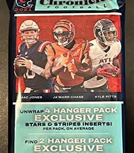 Brand New 2021 Panini CHRONICLES Football Card FACTORY SEALED HANGER Pack w/30 Cards! - 4 EXCLUSIVE Stars Stripes Inserts and 2 Green Parallels Per Pack! Plus Custom Mahomes and Brady Cards Shown