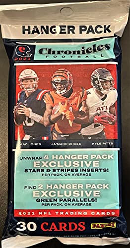 Brand New 2021 Panini CHRONICLES Football Card FACTORY SEALED HANGER Pack w/30 Cards! - 4 EXCLUSIVE Stars Stripes Inserts and 2 Green Parallels Per Pack! Plus Custom Mahomes and Brady Cards Shown