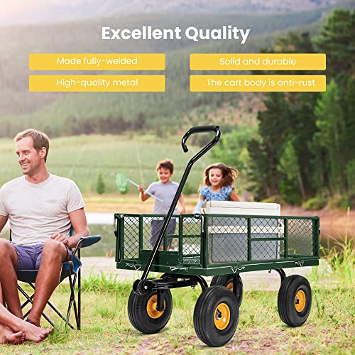 VIVOHOME Heavy Duty 880 Lbs Capacity Mesh Steel Garden Cart Folding Utility Wagon with Removable Sides and 4.10/3.50-4 inch Wheels (Green)