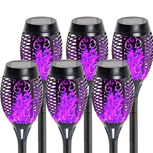 jumyshe solar outdoor lights,large solar torch lights with flickering flame, waterproof landscape decoration led torch lights for garden/yard/pathway decorations-purple light 6 pack