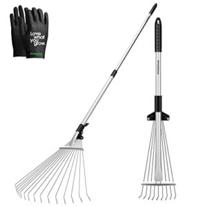 vivosun 2-pack leaf rake set, adjustable garden camping rake includes 15-tine 64” rake and 9-tine 30” rake, metal rake with collapsing tines and telescopic handle for garden lawn yard cleaning