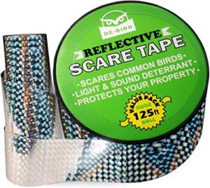 de-bird scare tape – reflective tape outdoor to keep away woodpecker, pigeon, grackles, and more. stops damage, roosting, and mess (125ft roll)