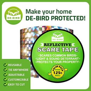 De-Bird Scare Tape - Reflective Tape Outdoor to Keep Away Woodpecker, Pigeon, Grackles, and More. Stops Damage, Roosting, and Mess (125ft Roll)