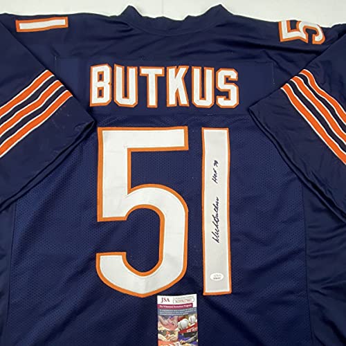 Autographed/Signed Dick Butkus HOF 79 Chicago Blue Football Jersey JSA COA