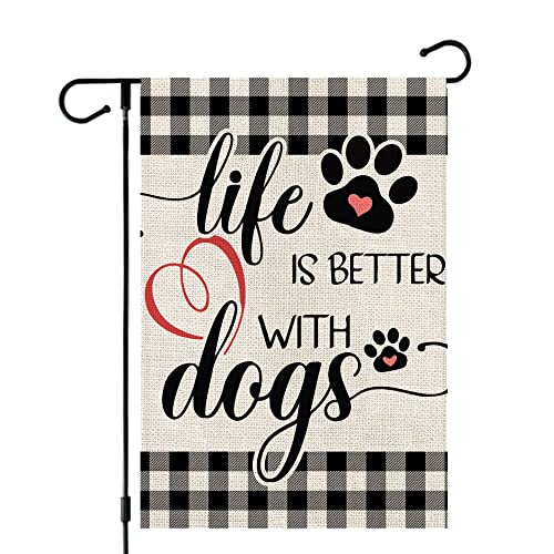 CROWNED BEAUTY Life Is Better with Dogs Garden Flag 12x18 Inch Double Sided Buffalo Plaid Outside Pet Welcome Yard Farmhouse Decor CF502