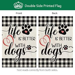 CROWNED BEAUTY Life Is Better with Dogs Garden Flag 12x18 Inch Double Sided Buffalo Plaid Outside Pet Welcome Yard Farmhouse Decor CF502