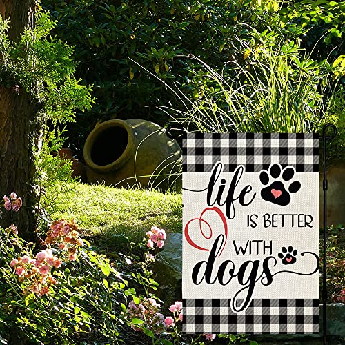 CROWNED BEAUTY Life Is Better with Dogs Garden Flag 12x18 Inch Double Sided Buffalo Plaid Outside Pet Welcome Yard Farmhouse Decor CF502