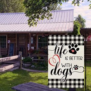 CROWNED BEAUTY Life Is Better with Dogs Garden Flag 12x18 Inch Double Sided Buffalo Plaid Outside Pet Welcome Yard Farmhouse Decor CF502