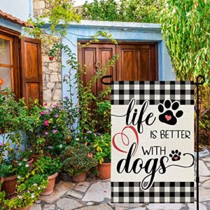 CROWNED BEAUTY Life Is Better with Dogs Garden Flag 12x18 Inch Double Sided Buffalo Plaid Outside Pet Welcome Yard Farmhouse Decor CF502