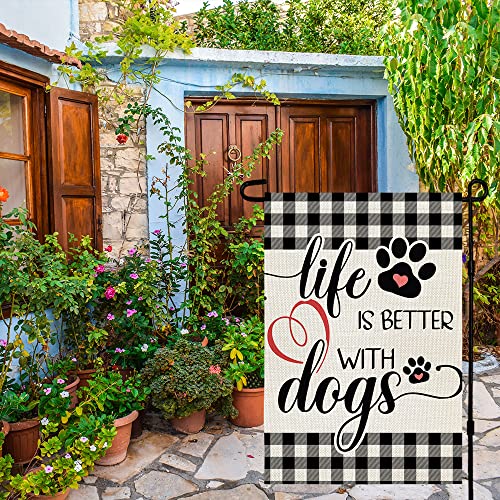 CROWNED BEAUTY Life Is Better with Dogs Garden Flag 12x18 Inch Double Sided Buffalo Plaid Outside Pet Welcome Yard Farmhouse Decor CF502