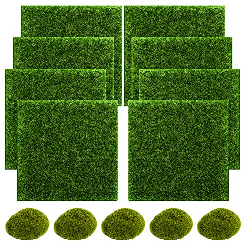 SNAIL GARDEN Fairy Artificial Grass, 8Pack Life-Like Garden Lawn with 5Pcs Artificial Moss Rocks-Miniature Ornament Garden Fairy Accessories for Garden Dollhouse DIY Decoration(6 x 6 Inch)