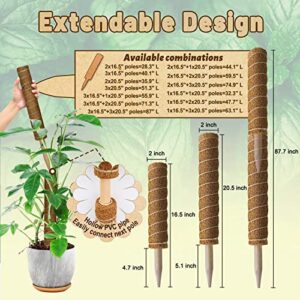 90 Inch Moss Pole for Plants Monstera, 6 Pcs Plant Pole for Climbing Plants - 16.5" and 20.5" Coir Totem Pole Monstera Stake, Moss Sticks for Indoor Plants Support Creepers Extension, with Garden Ties