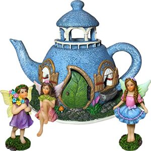 mood lab fairy garden miniature teapot house kit – figurines and accessories set of 4 pcs – 7.1 inch tall house