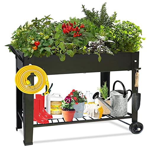 aboxoo Large Planter Raised Beds with Legs Outdoor Metal Planter Box on Wheels Elevated Garden Bed for Vegetables Flower Herb Patio (40" L x 11" W x 31.5" H)