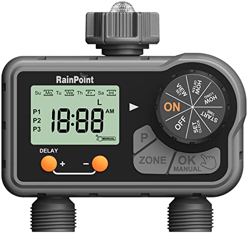 RAINPOINT Sprinkler Timer,Water Timer with 6 Programmable Procedure Rain Delay/Manual/Automatic Mode,Outdoor Hose Timer for Week/Specific/Daily Day Cycle Watering for Lawn Garden Irrigation,2 Outlet