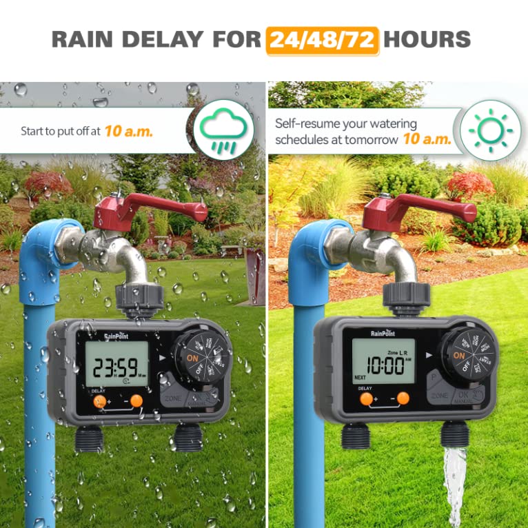 RAINPOINT Sprinkler Timer,Water Timer with 6 Programmable Procedure Rain Delay/Manual/Automatic Mode,Outdoor Hose Timer for Week/Specific/Daily Day Cycle Watering for Lawn Garden Irrigation,2 Outlet