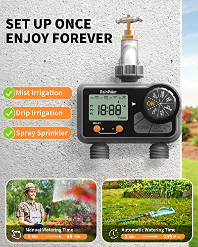 RAINPOINT Sprinkler Timer,Water Timer with 6 Programmable Procedure Rain Delay/Manual/Automatic Mode,Outdoor Hose Timer for Week/Specific/Daily Day Cycle Watering for Lawn Garden Irrigation,2 Outlet