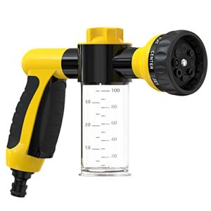 garden hose nozzle, high pressure spray gun nozzle, 8 spray patterns for watering plants, lawn, patio, cleaning, showering pet with 3.5oz/100cc soap dispenser bottle
