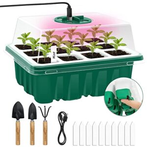 seed starter tray kit with grow light | 12 flexible pop-out cells silicone bottoms | reusable seedling starter trays with humidity dome,garden tools,labels | for starting vegetable flower seeds