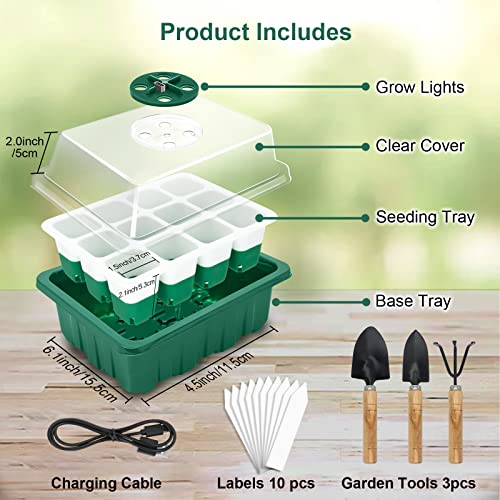 Seed Starter Tray Kit with Grow Light | 12 Flexible Pop-Out Cells Silicone Bottoms | Reusable Seedling Starter Trays with Humidity Dome,Garden Tools,Labels | for Starting Vegetable Flower Seeds