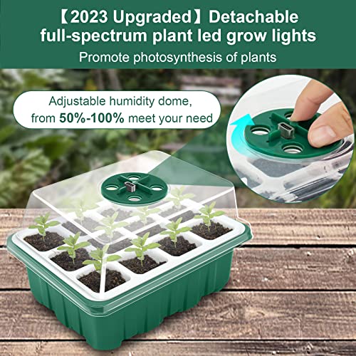 Seed Starter Tray Kit with Grow Light | 12 Flexible Pop-Out Cells Silicone Bottoms | Reusable Seedling Starter Trays with Humidity Dome,Garden Tools,Labels | for Starting Vegetable Flower Seeds