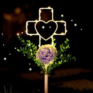 joyathome 16 inch solar cross garden stake lights with 1 artificial flower metal garden art for patio lawn garden decor solar outdoor love sign for gravesites memorial and ideal gifts for loved ones