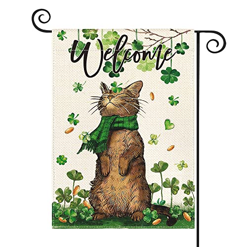 AVOIN colorlife St Patricks Day Welcome Cat Garden Flag 12x18 Inch Double Sided, Shamrock Lucky Clover Rustic Holiday Yard Outdoor Flag