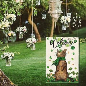 AVOIN colorlife St Patricks Day Welcome Cat Garden Flag 12x18 Inch Double Sided, Shamrock Lucky Clover Rustic Holiday Yard Outdoor Flag