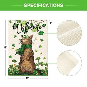 AVOIN colorlife St Patricks Day Welcome Cat Garden Flag 12x18 Inch Double Sided, Shamrock Lucky Clover Rustic Holiday Yard Outdoor Flag