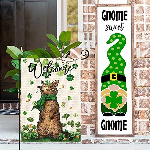 AVOIN colorlife St Patricks Day Welcome Cat Garden Flag 12x18 Inch Double Sided, Shamrock Lucky Clover Rustic Holiday Yard Outdoor Flag