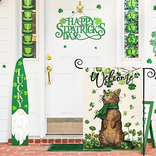 AVOIN colorlife St Patricks Day Welcome Cat Garden Flag 12x18 Inch Double Sided, Shamrock Lucky Clover Rustic Holiday Yard Outdoor Flag