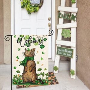 AVOIN colorlife St Patricks Day Welcome Cat Garden Flag 12x18 Inch Double Sided, Shamrock Lucky Clover Rustic Holiday Yard Outdoor Flag