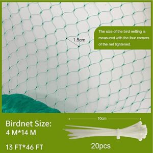 13 x 46 Feet Anti Bird Netting, Green Garden Netting Protect Fruit and Vegetables from Birds and Animals, Bonus 20 PCS Cable Ties - 0.56 in Mesh