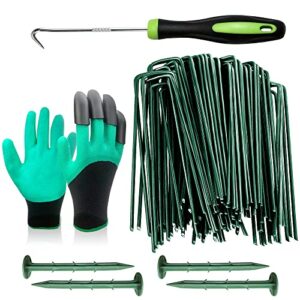 bakulyor 50pcs green landscape staples 6 inch garden artificial turf stakes staples, 11 gauge lawn galvanized ground fabric pins for weed barrier sod decorations holding fence and irrigation tubing