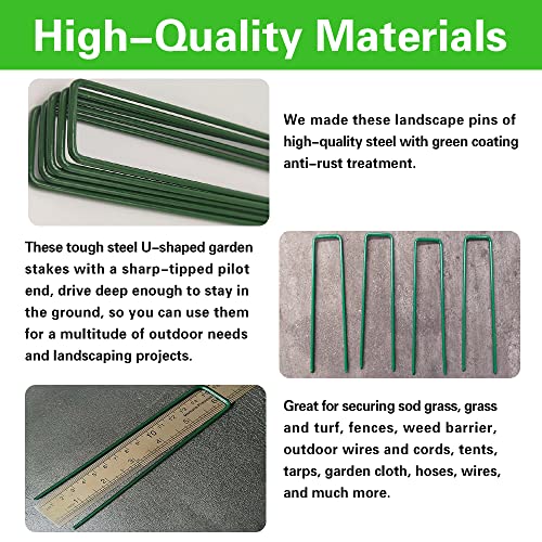 Bakulyor 50Pcs Green Landscape Staples 6 Inch Garden Artificial Turf Stakes Staples, 11 Gauge Lawn Galvanized Ground Fabric Pins for Weed Barrier Sod Decorations Holding Fence and Irrigation Tubing