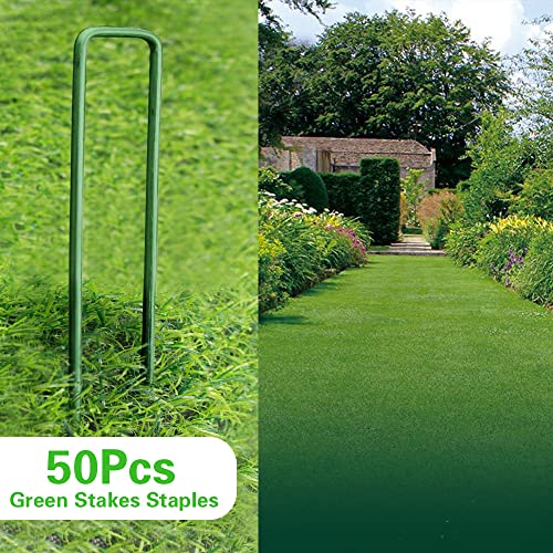 Bakulyor 50Pcs Green Landscape Staples 6 Inch Garden Artificial Turf Stakes Staples, 11 Gauge Lawn Galvanized Ground Fabric Pins for Weed Barrier Sod Decorations Holding Fence and Irrigation Tubing