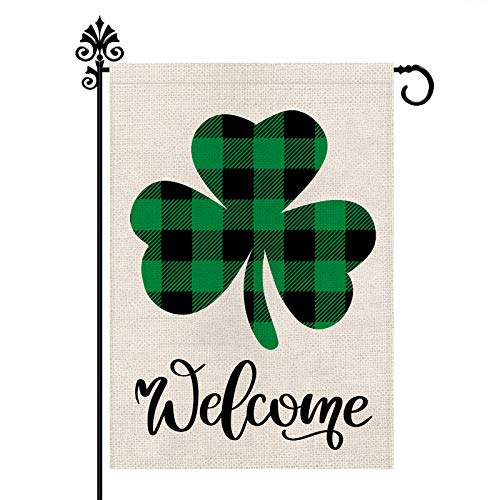 St Patricks Day Garden Flag Welcome Shamrocks Yard Outdoor Decoration Vertical Double Sized Burlap Spring Summer Holiday Decors 12.5 x 18 Inch