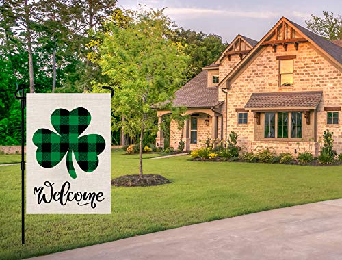 St Patricks Day Garden Flag Welcome Shamrocks Yard Outdoor Decoration Vertical Double Sized Burlap Spring Summer Holiday Decors 12.5 x 18 Inch