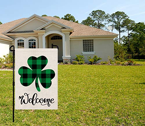 St Patricks Day Garden Flag Welcome Shamrocks Yard Outdoor Decoration Vertical Double Sized Burlap Spring Summer Holiday Decors 12.5 x 18 Inch