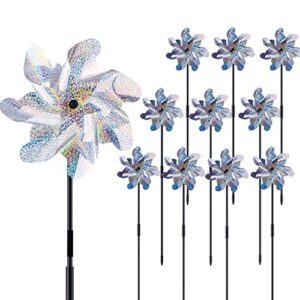 ohuhu reflective pinwheels with stakes, 10-pack extra sparkly wind sculpture for garden decor pin wheel, silver wind spinner