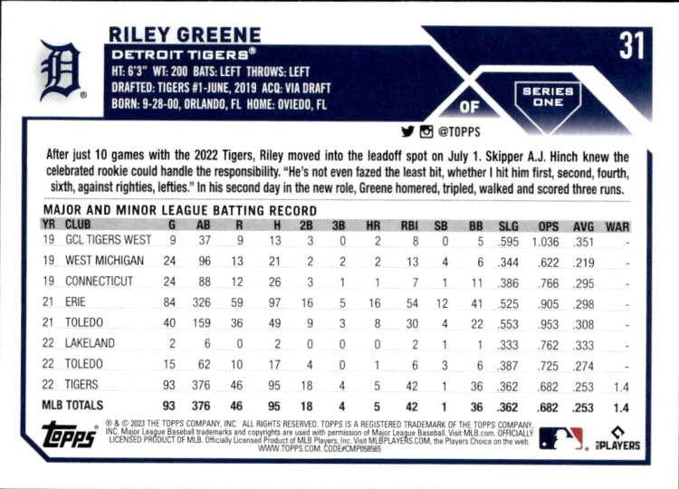 2023 TOPPS #31 RILEY GREENE RC DETROIT TIGERS BASEBALL OFFICIAL TRADING CARD OF THE MLB