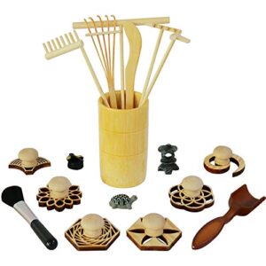 zen garden rake stamp tools – meditation rock sand garden accessories – office desktop mini zen gifts for man women bamboo rakes holder brusher spoon figurines