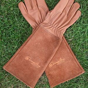 Rose Pruning Gloves for Men and Women - Thorn Proof Goatskin Leather Gardening Gloves with Gauntlet (Extra Large, Brown)